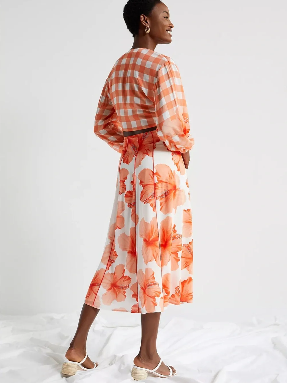 Anthropologie Farm Rio Orange White Floral Contrast Midi Skirt Size Medium
